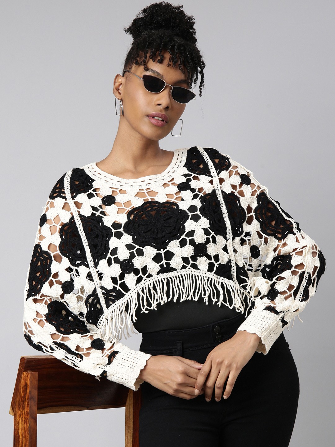 

SHOWOFF Fringed Long Sleeves Round Neck Self Design Crochet Top, Cream
