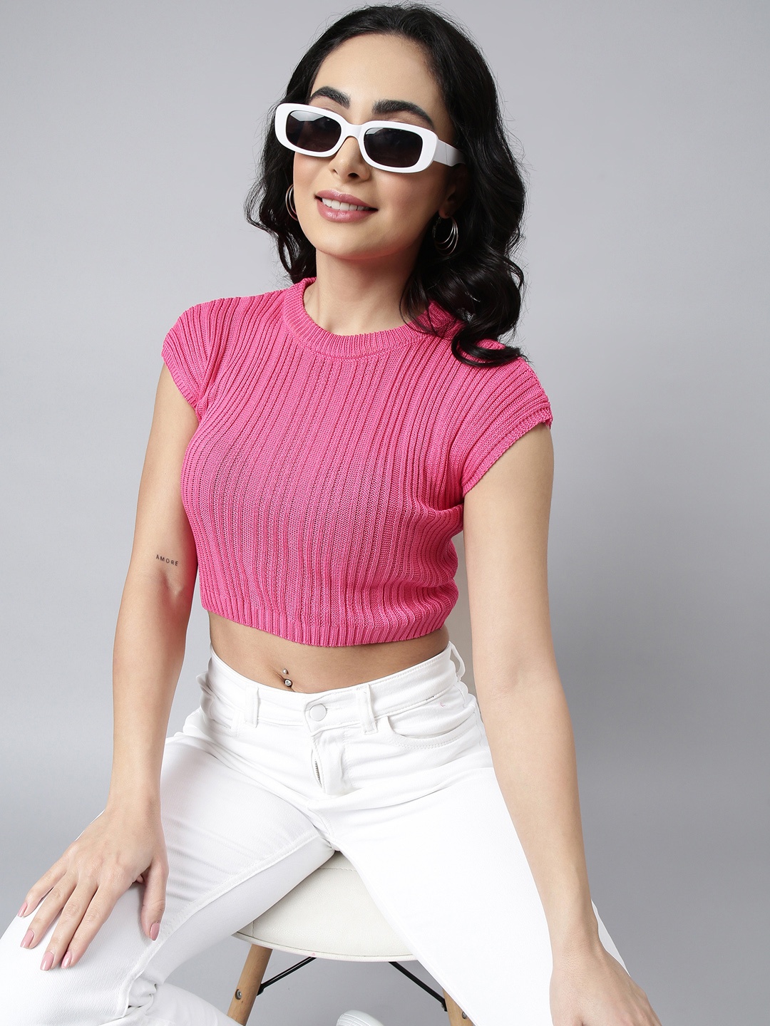 

SHOWOFF Self Design Round Neck Cap Sleeves Acrylic Fitted Crop Top, Pink