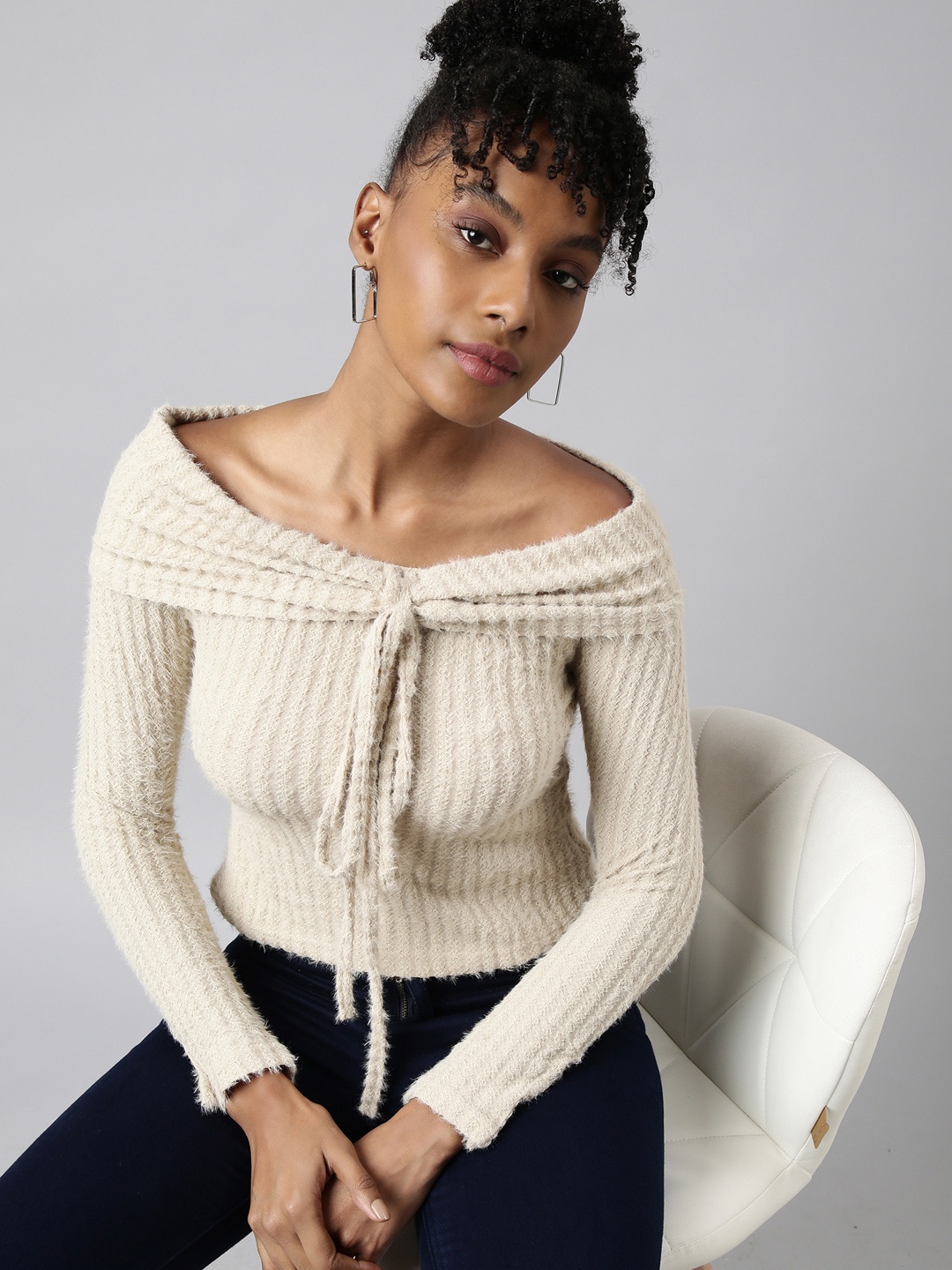 

SHOWOFF Off-Shoulder Fitted Bardot Top, Beige