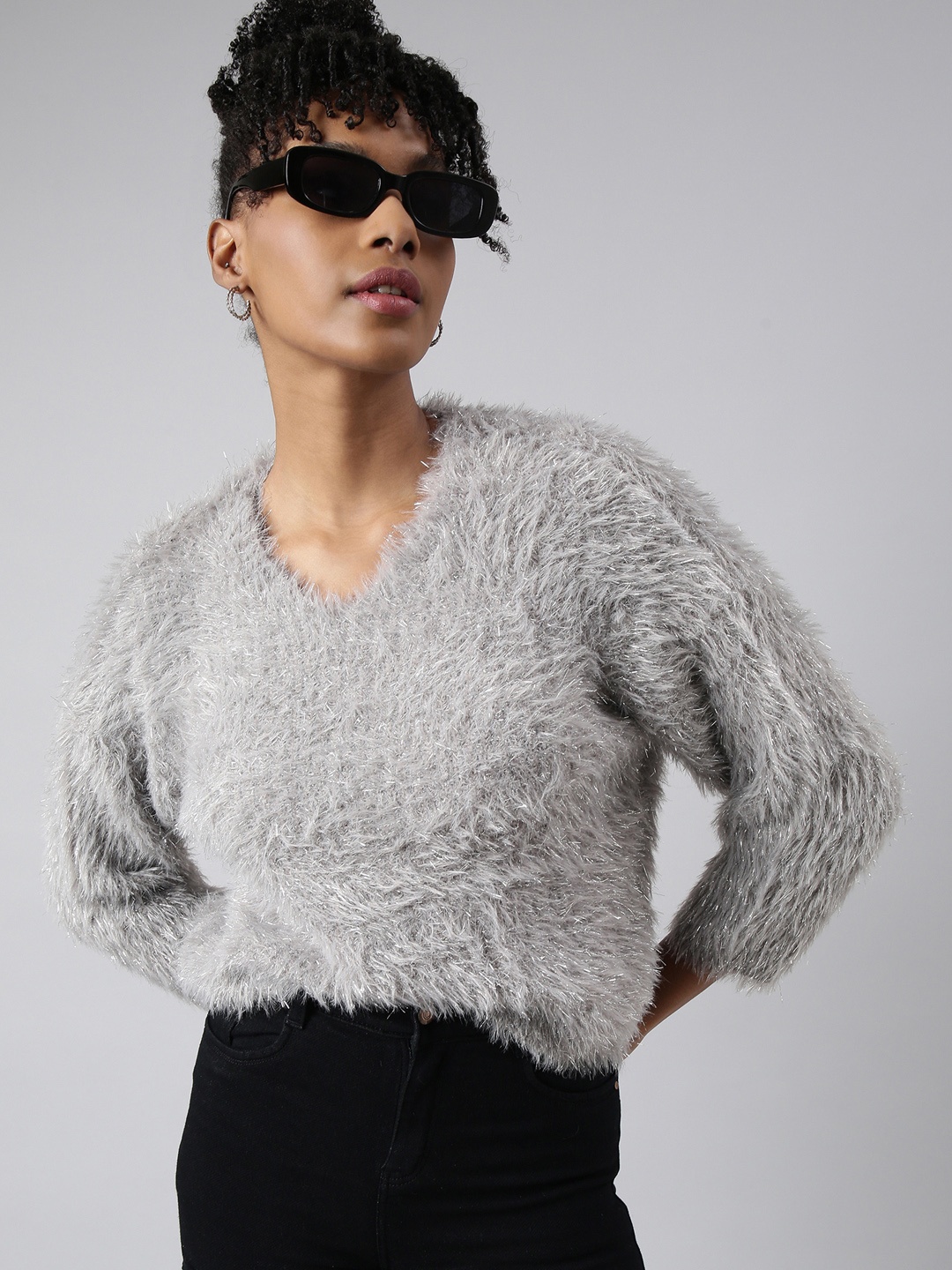 

SHOWOFF Self Design V-Neck Faux Fur Trim Bling & Sparkly Acrylic Top, Grey