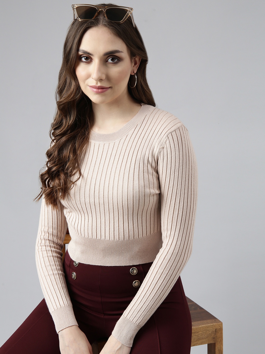 

SHOWOFF Striped Round Neck Fitted Top, Beige