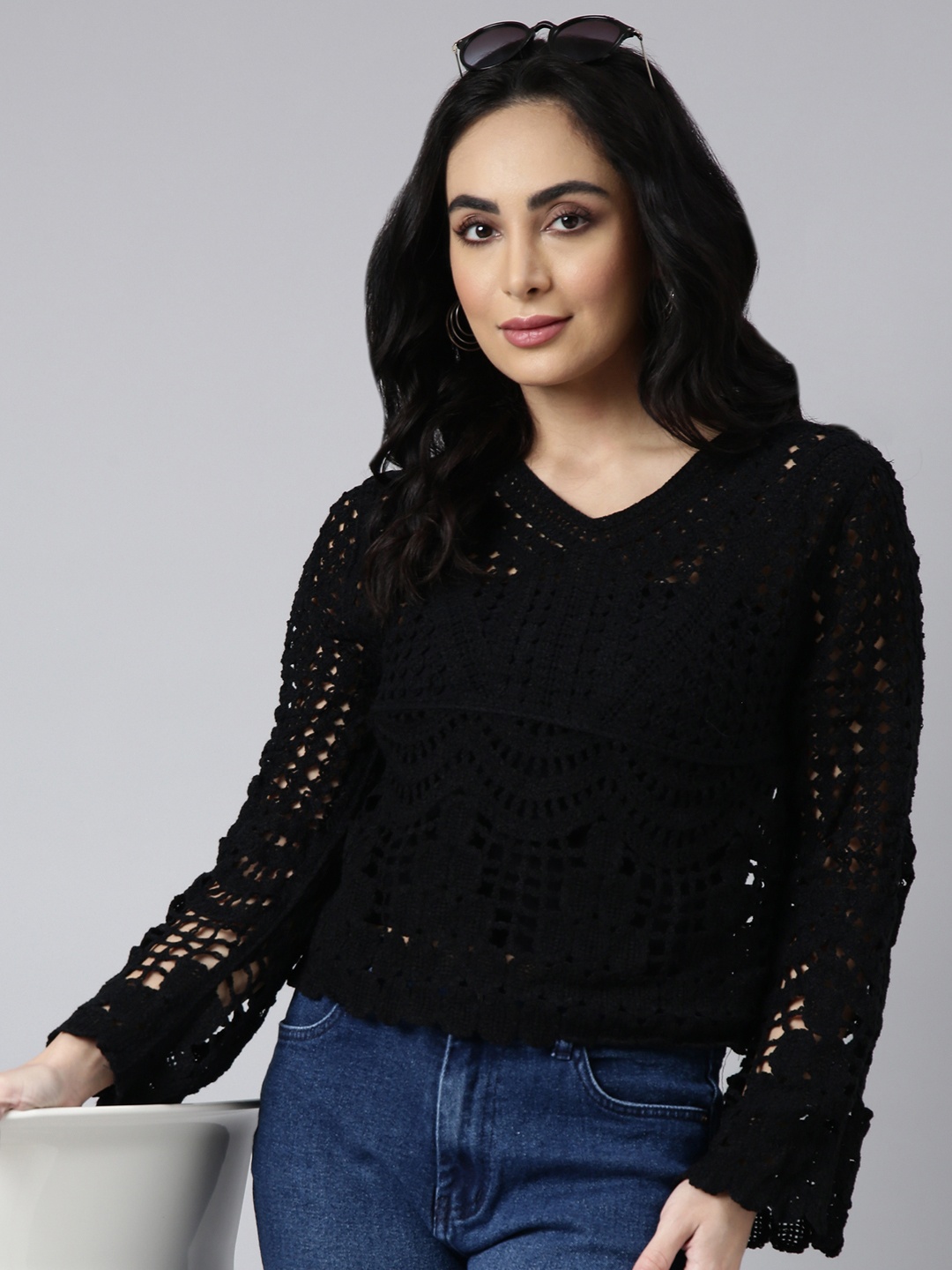 

SHOWOFF Self Design Crochet Top, Black