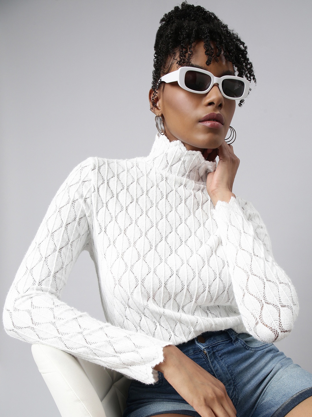 

SHOWOFF Self Design Geometric High Neck Blouson Top, White