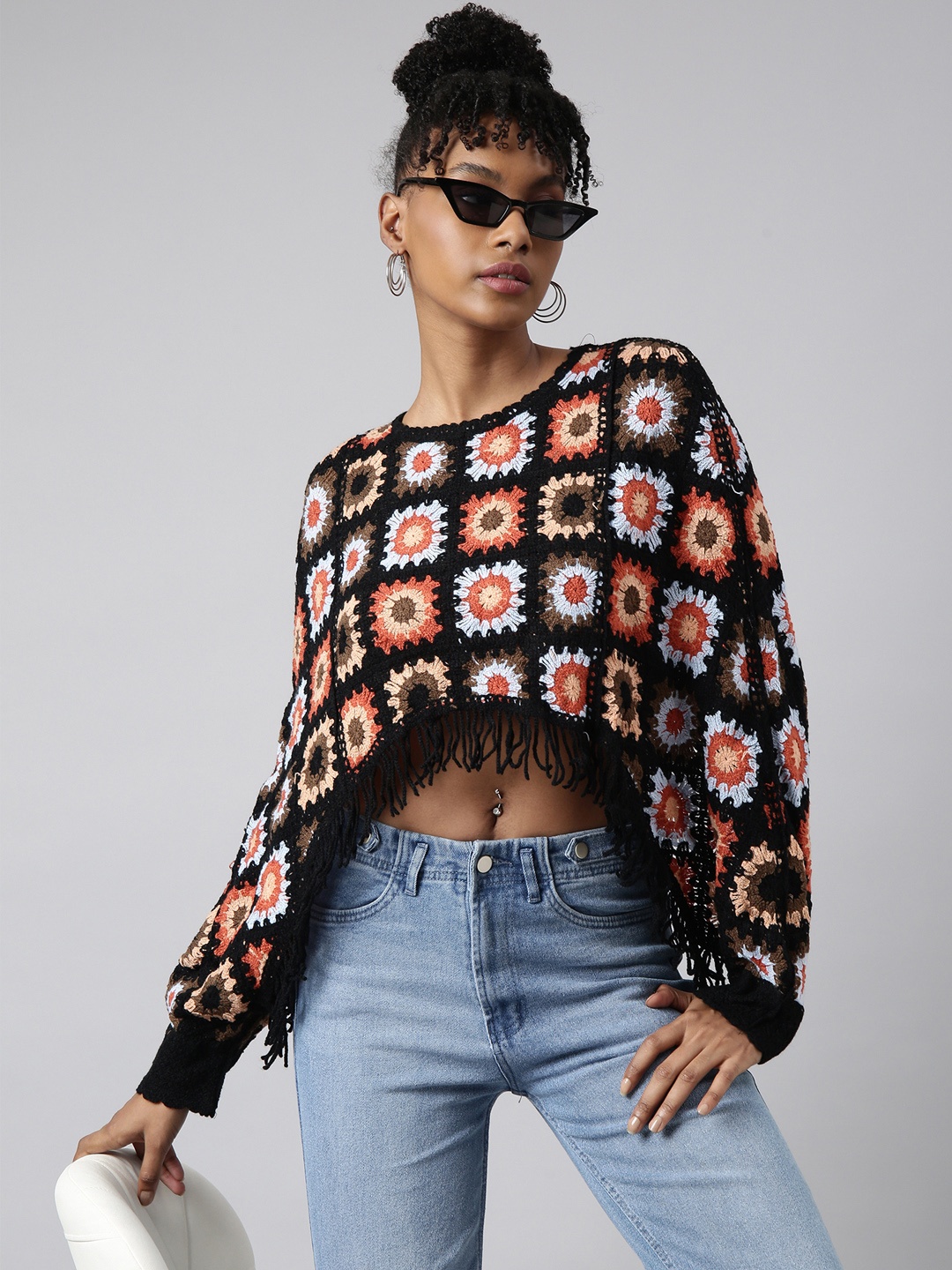 

SHOWOFF Self Design Crochet High-Low Crop Top, Black