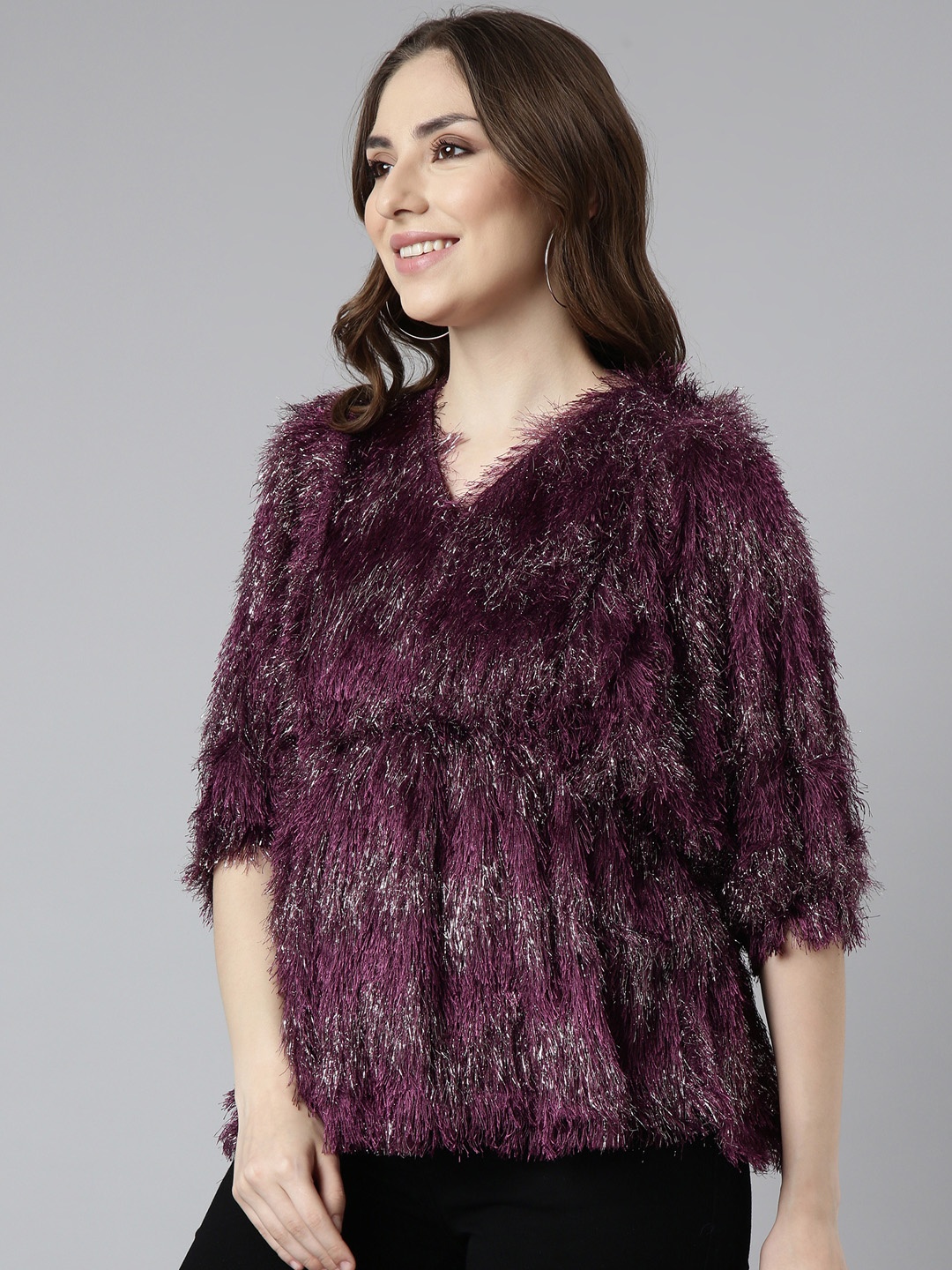 

SHOWOFF Abstract Printed Kimono Sleeve Empire Top, Purple