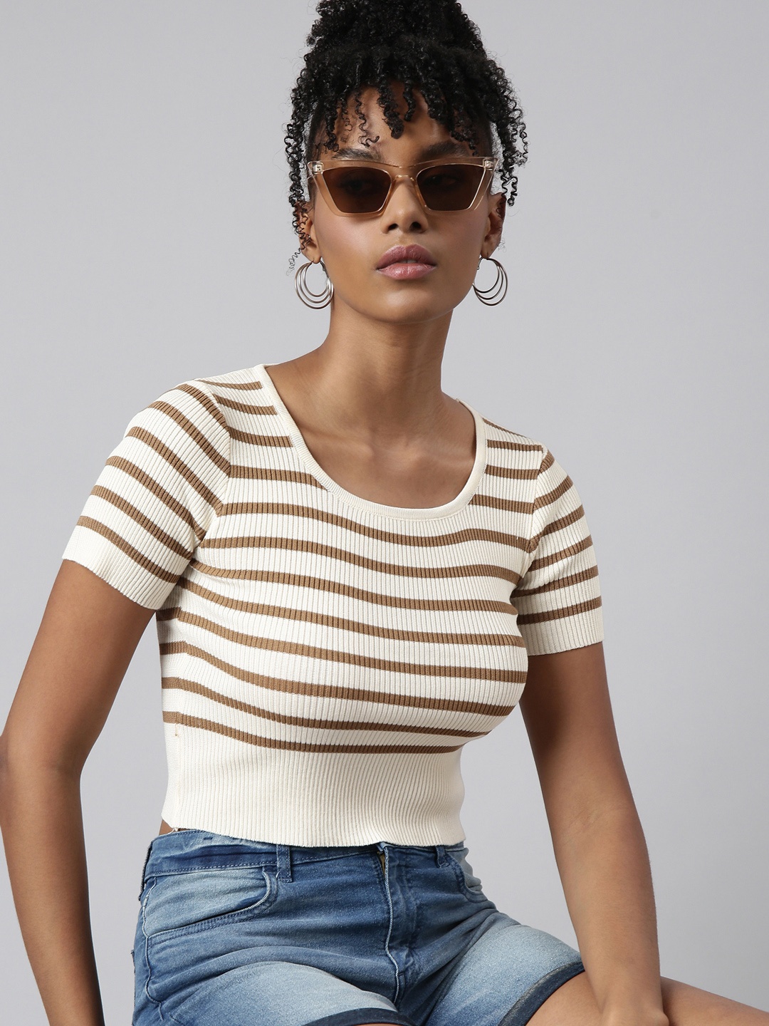 

SHOWOFF Horizontal Striped Round Neck Fitted Acrylic Crop Top, Cream
