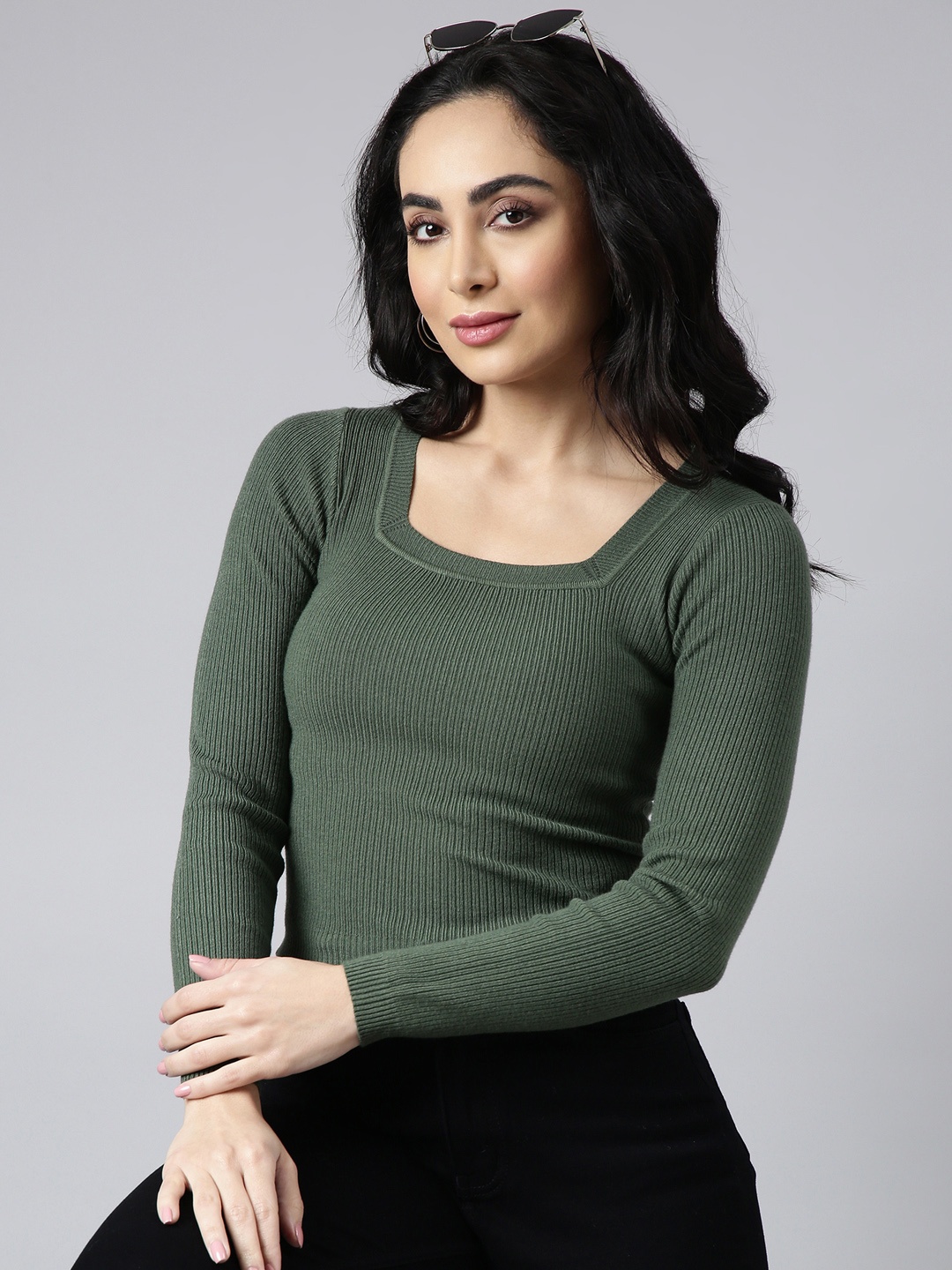 

SHOWOFF Long Sleeves Square Neck Fitted Regular Top, Green