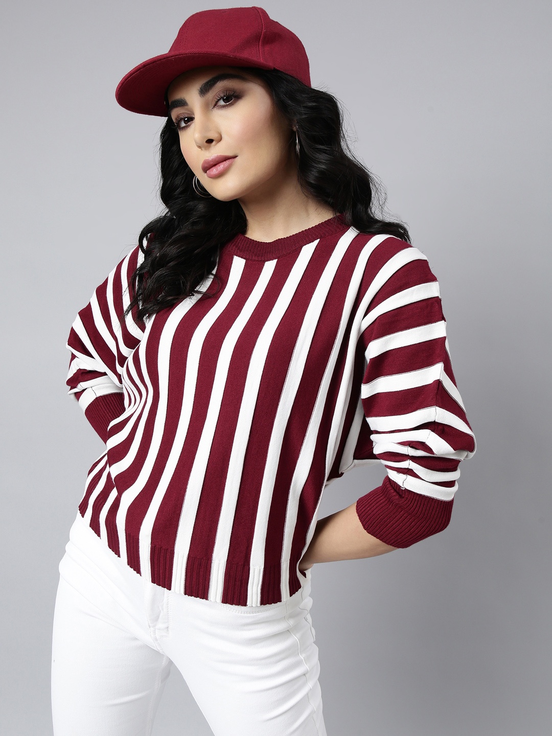 

SHOWOFF Long Sleeves Round Neck Striped Regular Top, Maroon