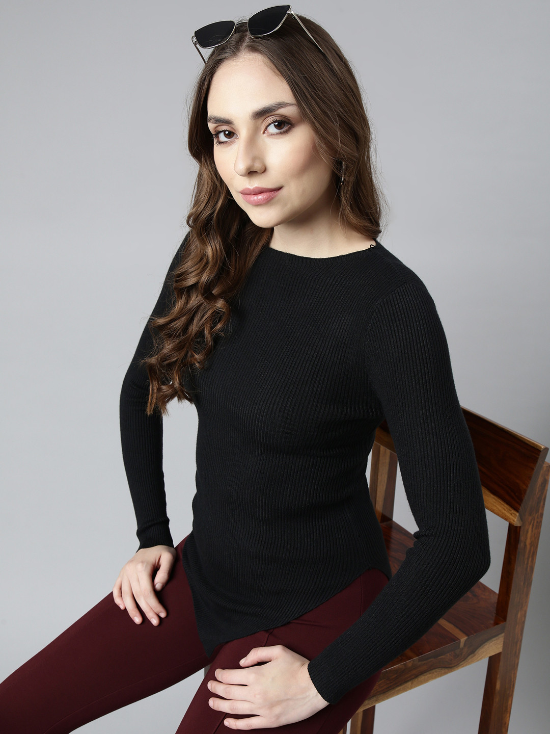 

SHOWOFF Long Sleeves Round Neck Top, Black