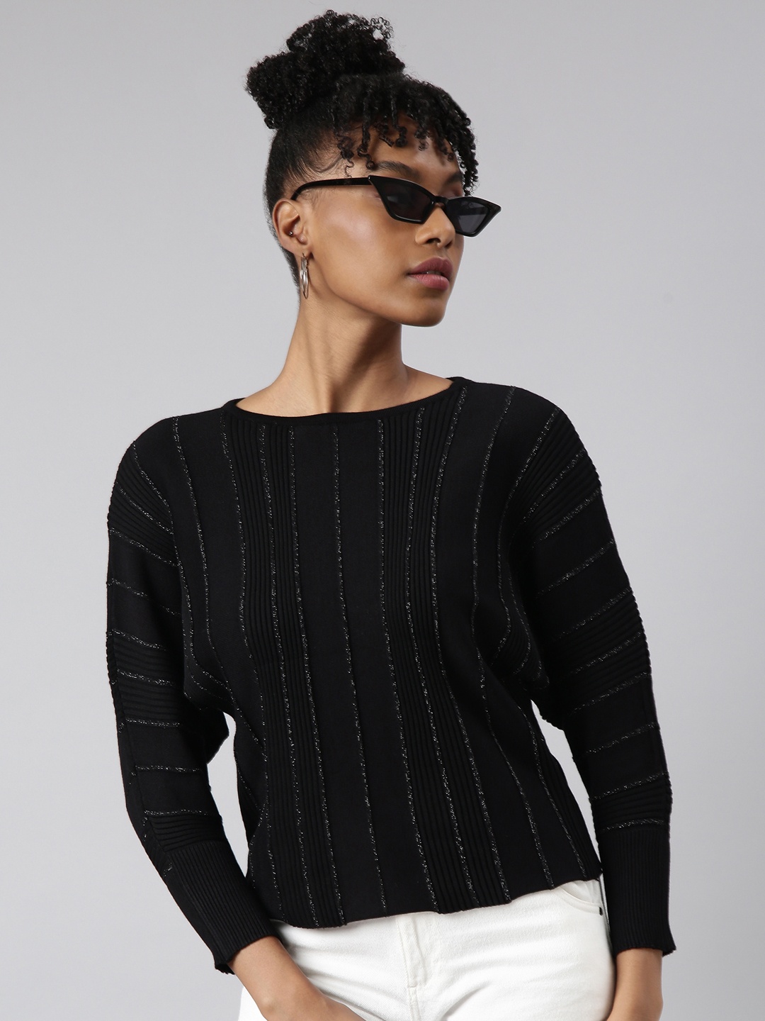 

SHOWOFF Three-Quarter Sleeves Round Neck Striped Top, Black