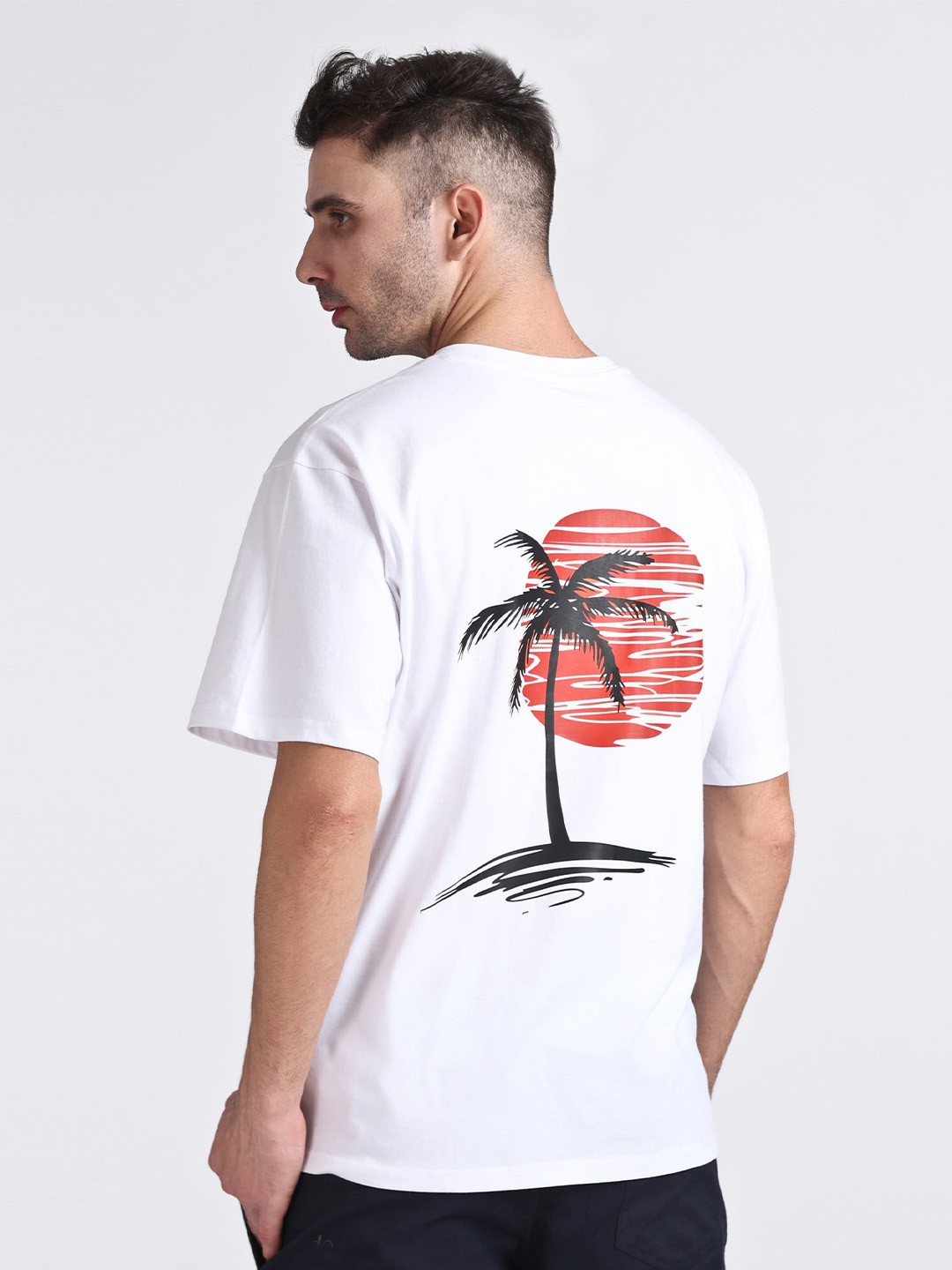 

HILLBERG Round Neck Short Sleeves Graphic Printed Cotton Oversized T-shirt, White