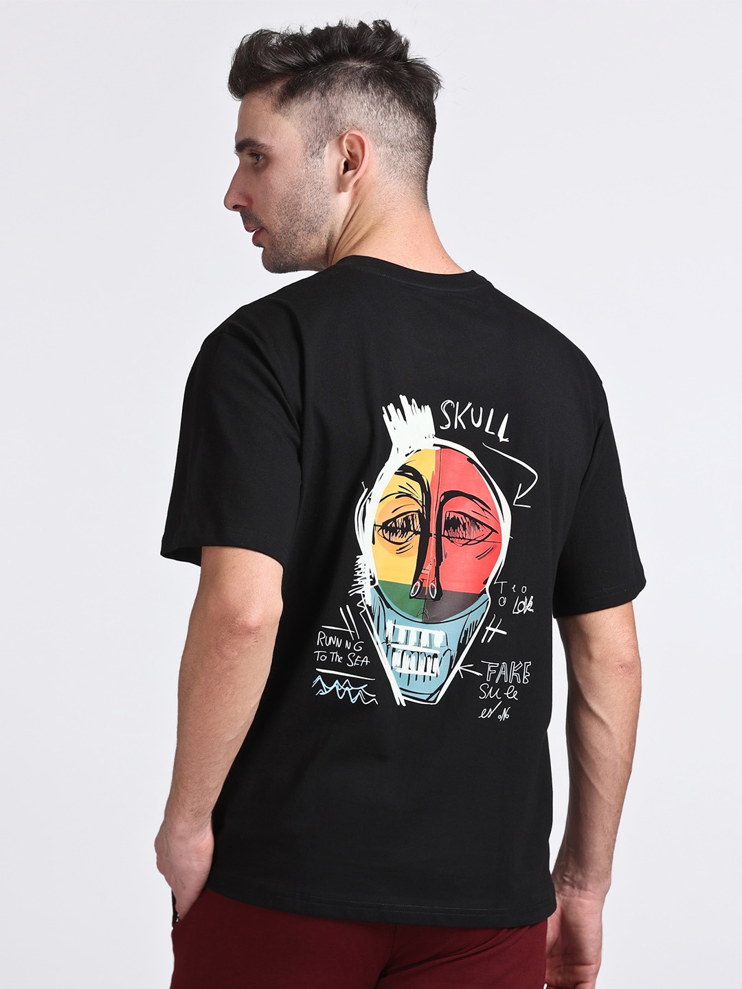 

HILLBERG Round Neck Short Sleeves Graphic Printed Cotton Oversized T-shirt, Black