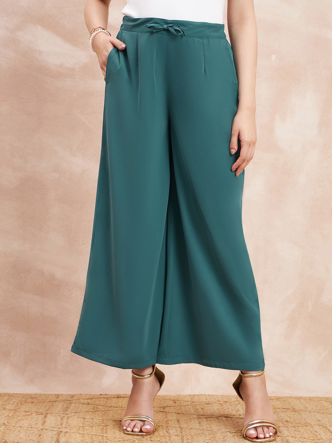 

all about you Women Green Comfort Flared High-Rise Pleated Trousers