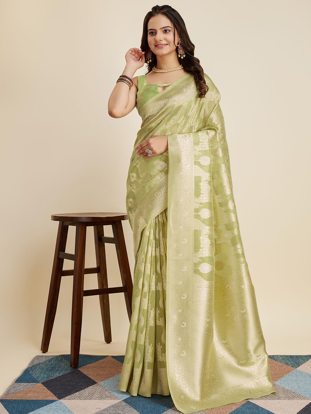 

VAIRAGEE Ethnic Motifs Zari Silk Cotton Banarasi Saree, Lime green