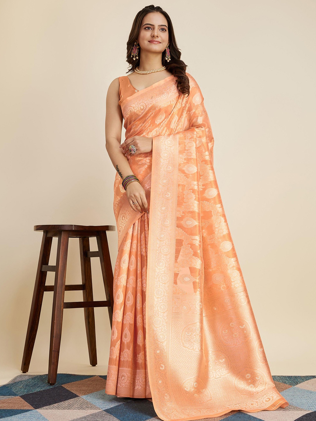 

VAIRAGEE Ethnic Motifs Woven Design Zari Banarasi Saree, Orange