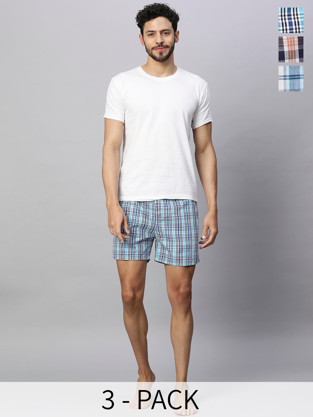 

URBAN SCOTTISH Pack Of 3 Checked Pure Cotton Boxers USBX2441_, Blue
