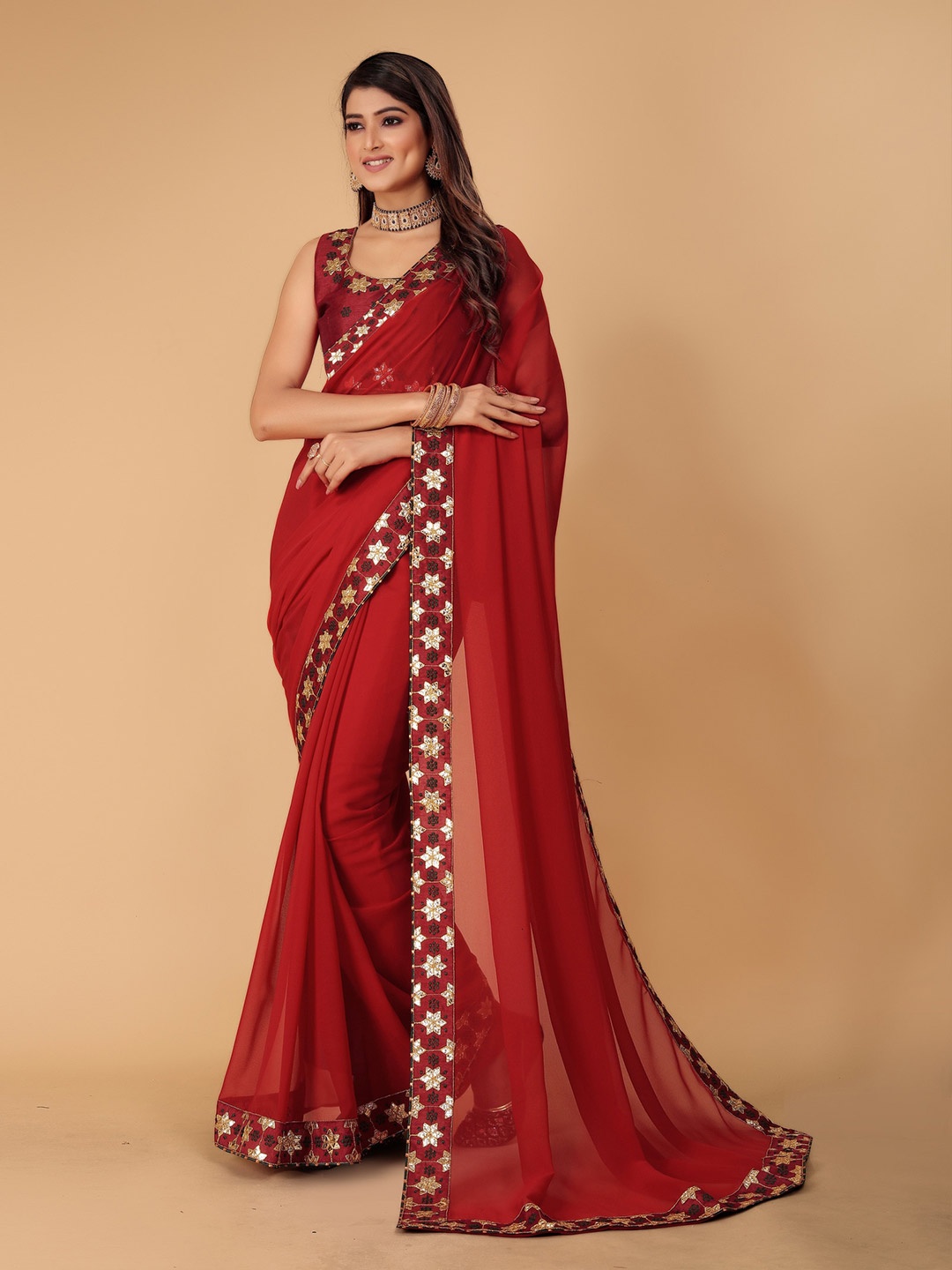 

DRIZOMIZ Embroidered Border Saree, Maroon