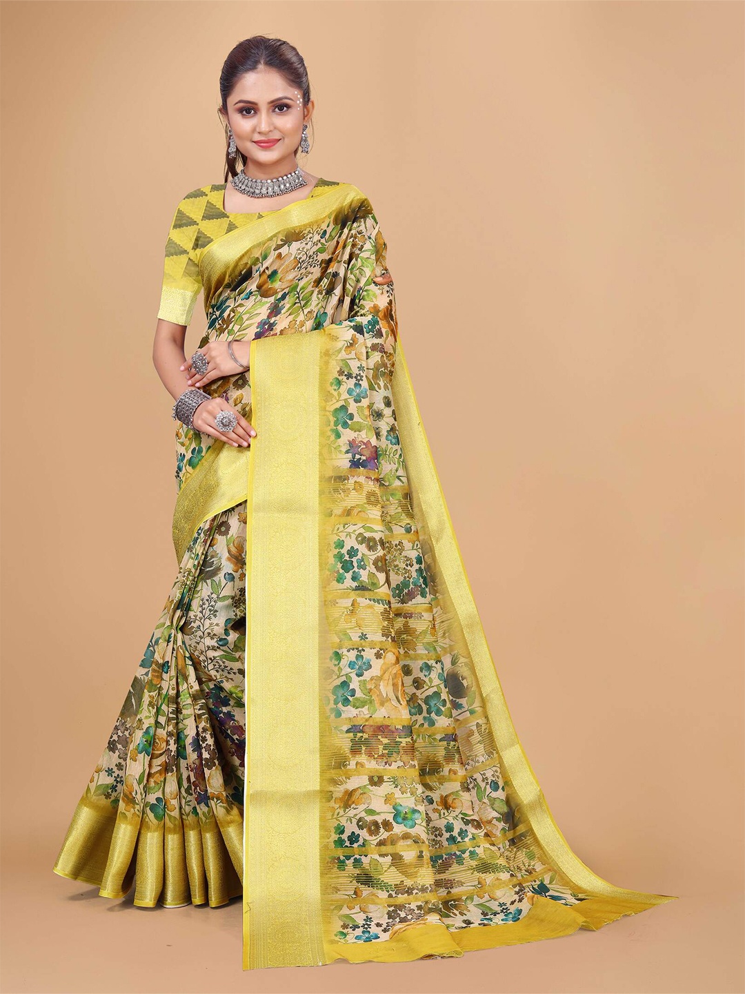 

DRIZOMIZ Floral Printed Woven Design Zari Pure Cotton Chanderi Saree, Yellow