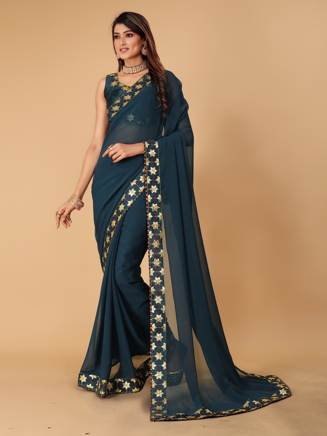 

DRIZOMIZ Embroidered Border Saree, Blue