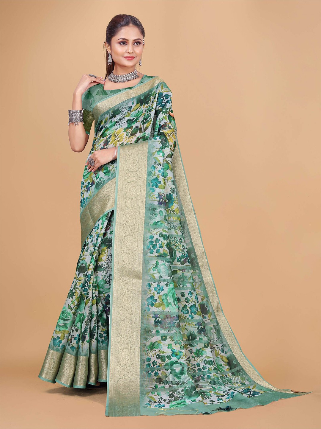 

DRIZOMIZ Floral Printed Woven Design Zari Pure Cotton Chanderi Saree, Blue