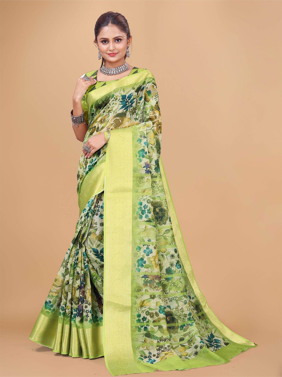 

DRIZOMIZ Floral Printed Woven Design Zari Pure Cotton Chanderi Saree, Green