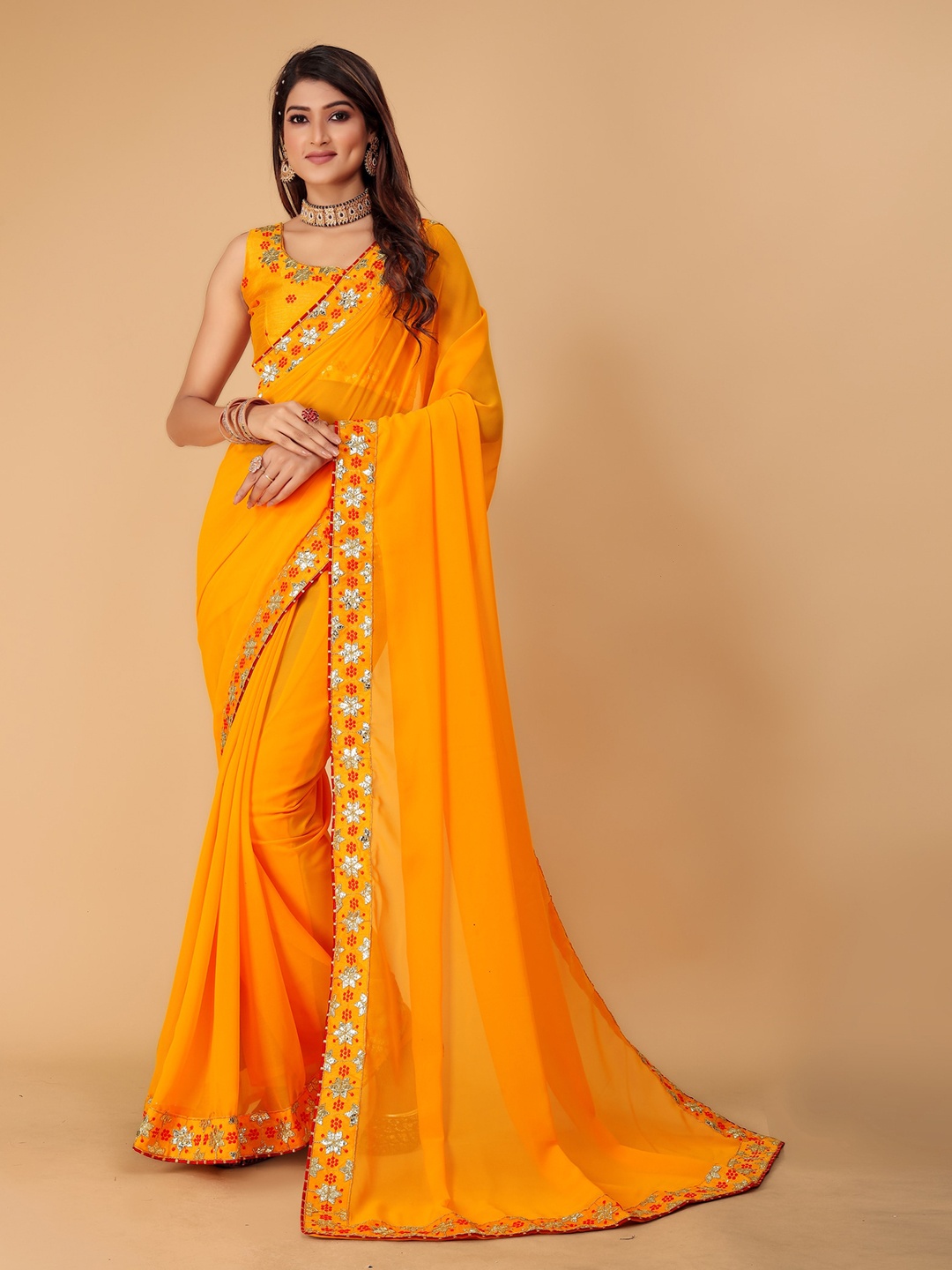 

DRIZOMIZ Embroidered Border Saree, Yellow