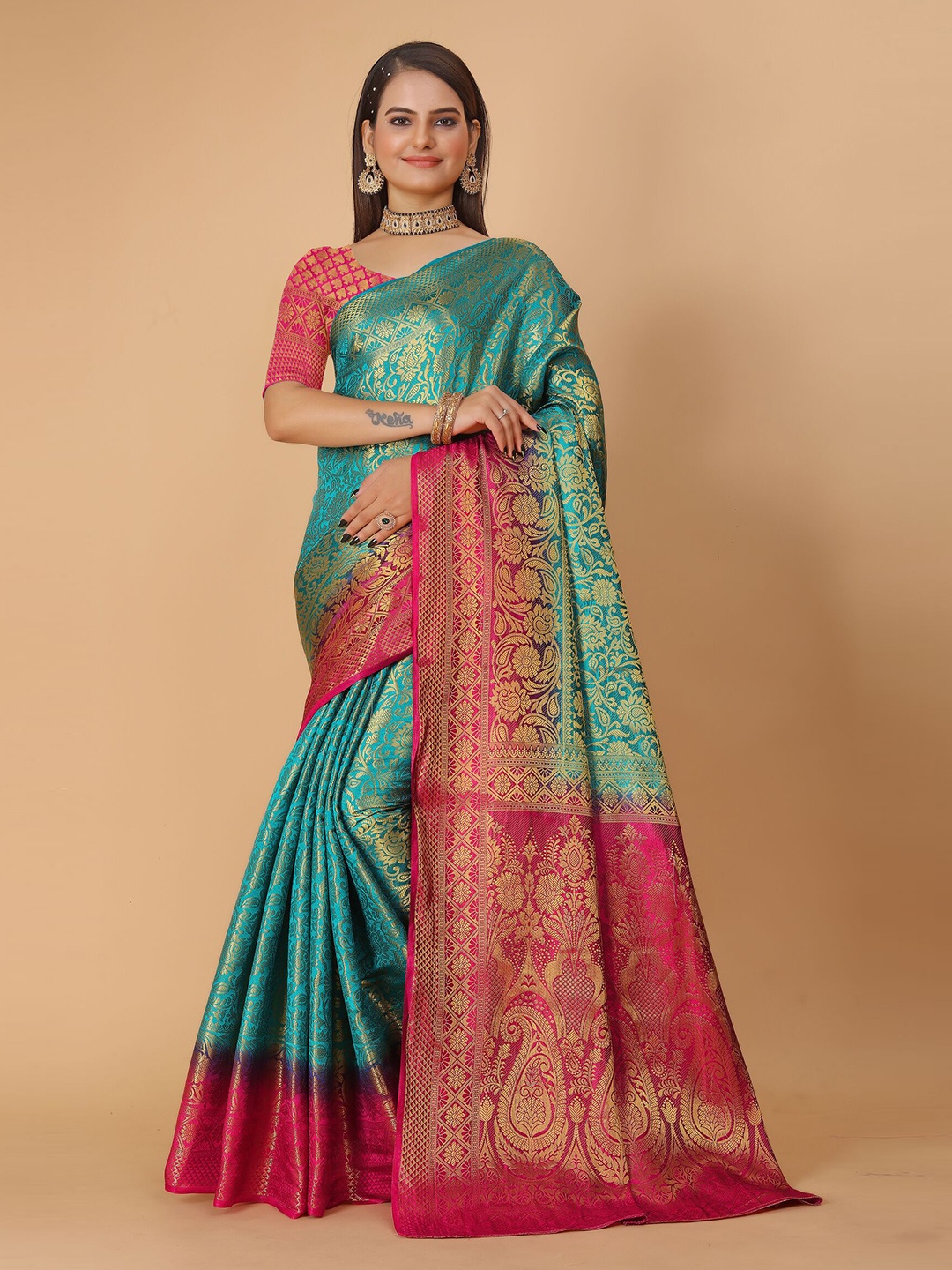 

DRIZOMIZ Ethnic Motifs Woven Design Zari Pure Silk Banarasi Saree, Green