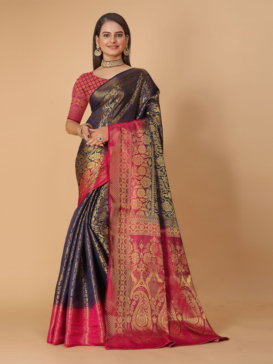 

DRIZOMIZ Floral Woven Design Zari Pure Silk Heavy Work Banarasi Saree, Navy blue