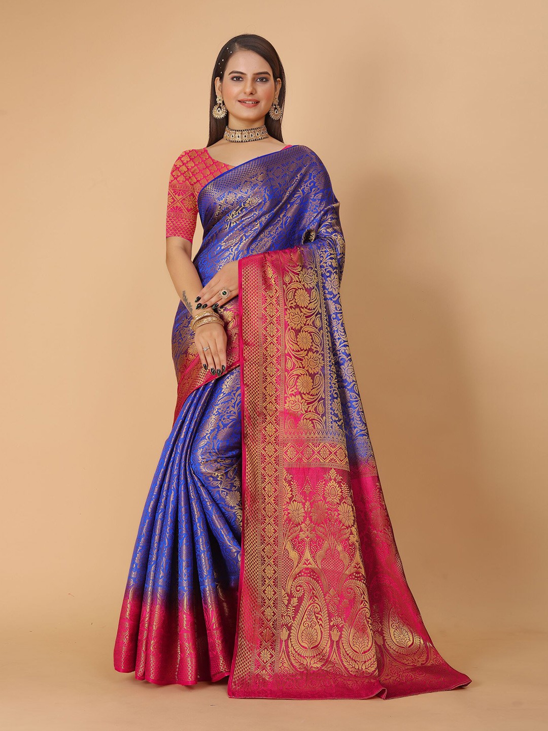 

DRIZOMIZ Ethnic Motifs Woven Design Zari Pure Silk Banarasi Saree, Blue