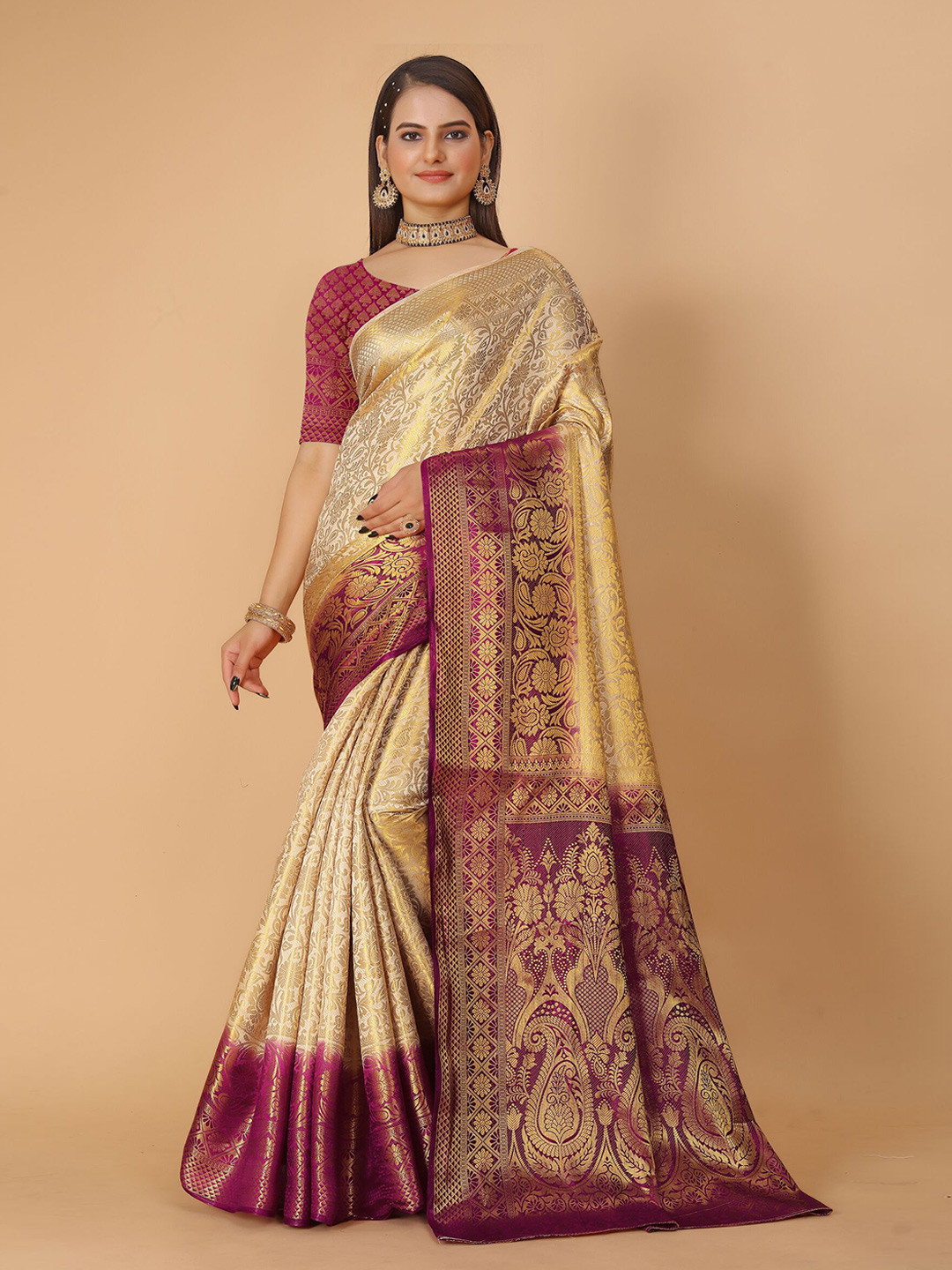 

DRIZOMIZ Ethnic Motifs Woven Design Zari Pure Silk Banarasi Saree, Cream