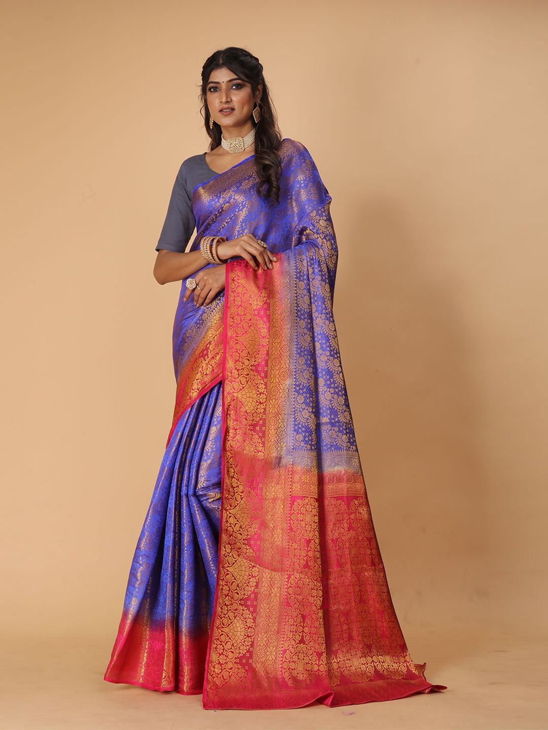 

DRIZOMIZ Ethnic Motifs Woven Design Zari Pure Silk Kanjeevaram Saree, Blue