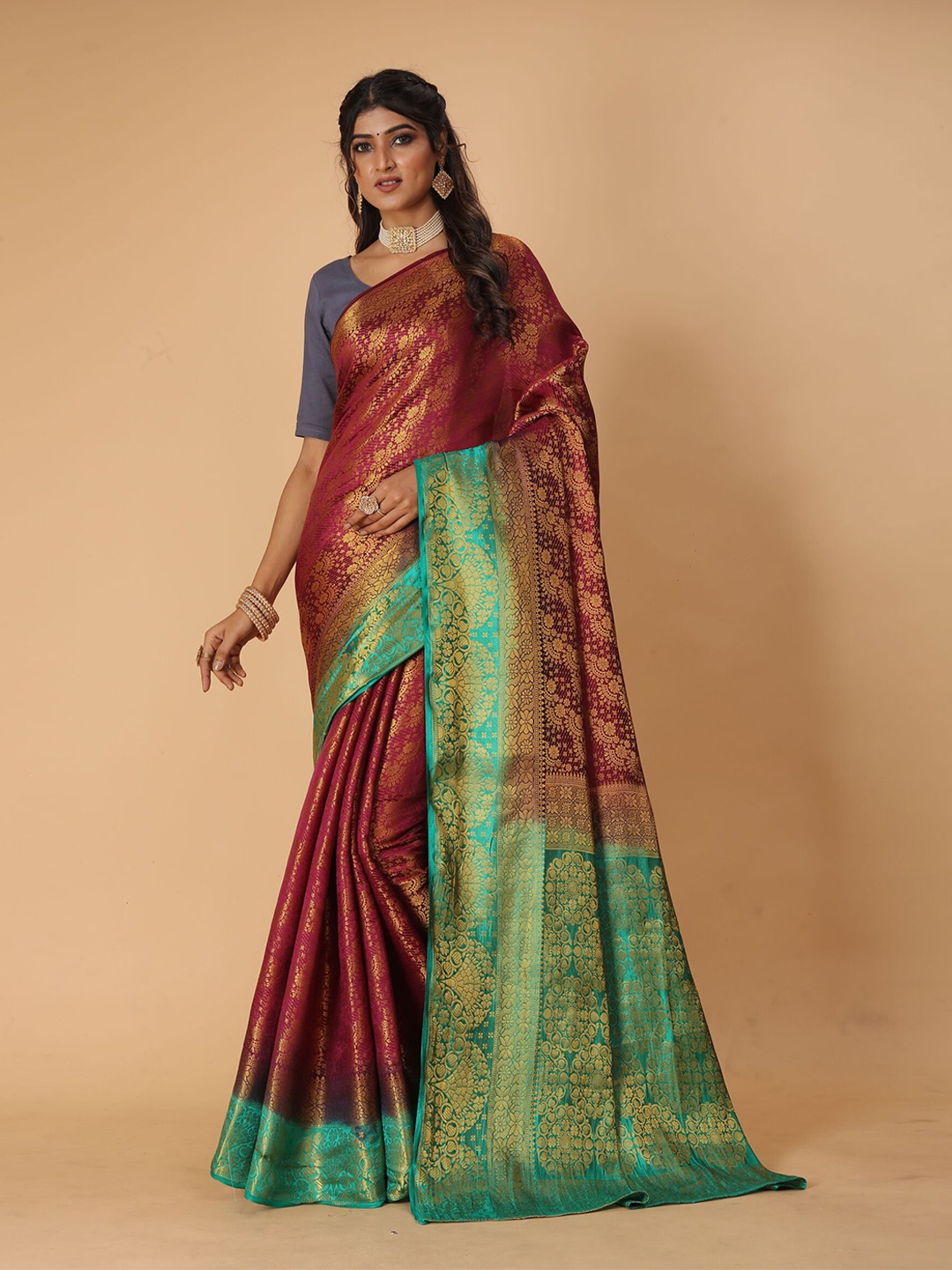 

DRIZOMIZ Floral Woven Design Zari Pure Silk Heavy Work Kanjeevaram Saree, Red
