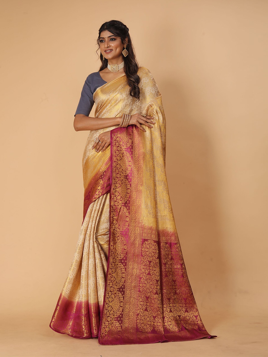 

DRIZOMIZ Floral Woven Design Zari Pure Silk Kanjeevaram Saree, Cream