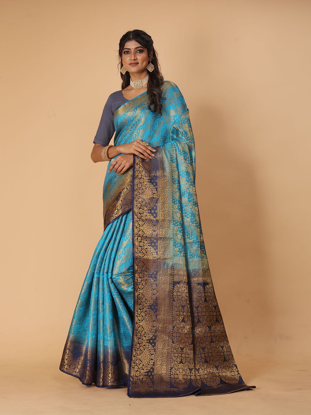 

DRIZOMIZ Ethnic Motifs Woven Design Zari Pure Silk Kanjeevaram Saree, Turquoise blue