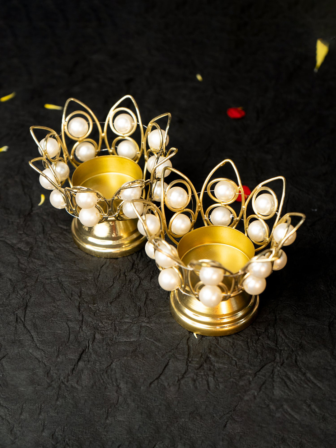 

Ekhasa Gold Toned & White 2 Pieces Lotus Shape Candle Holders