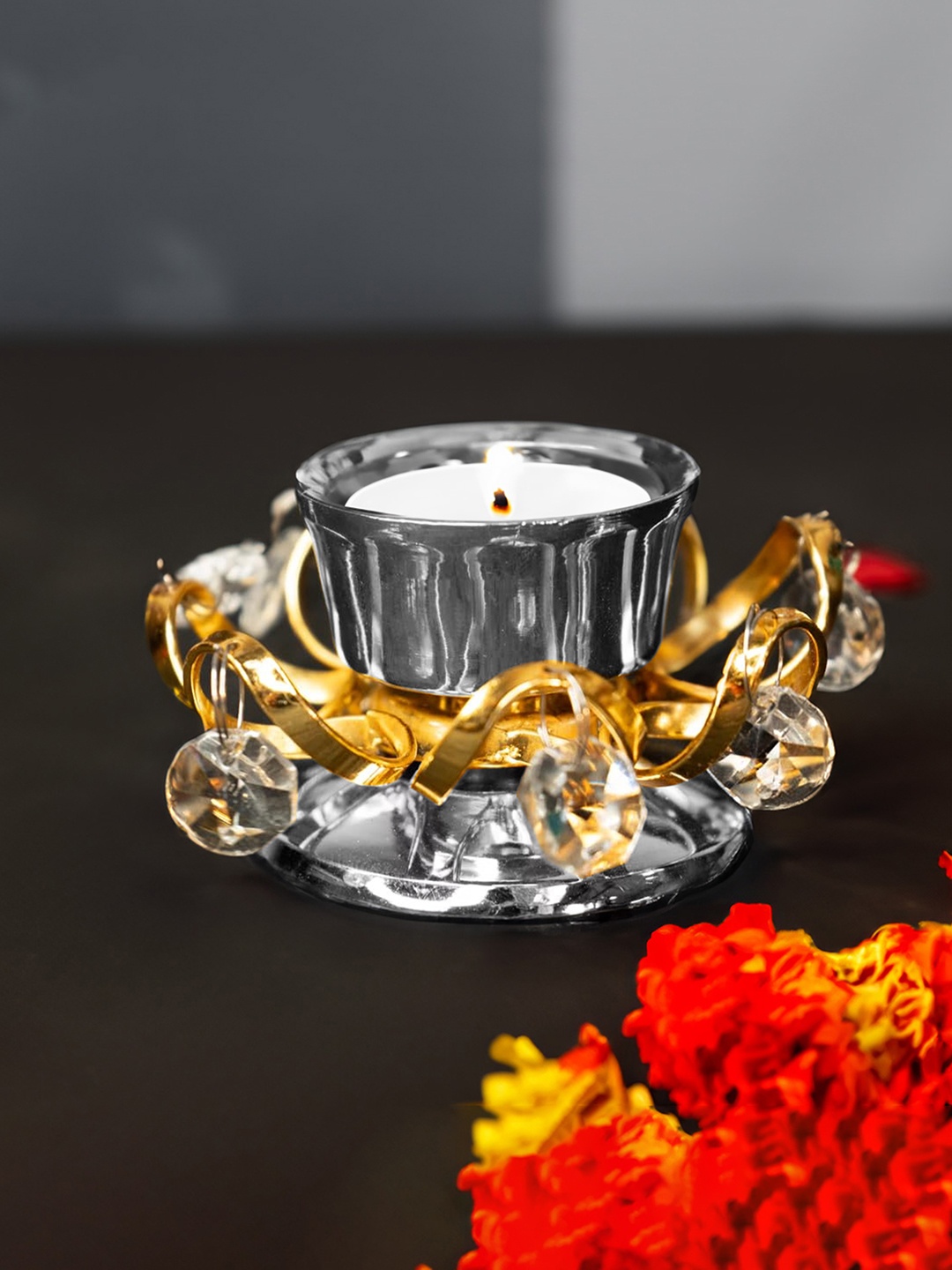 

Ekhasa Gold Toned & Silver Toned Crystal Tealight Candle Holder