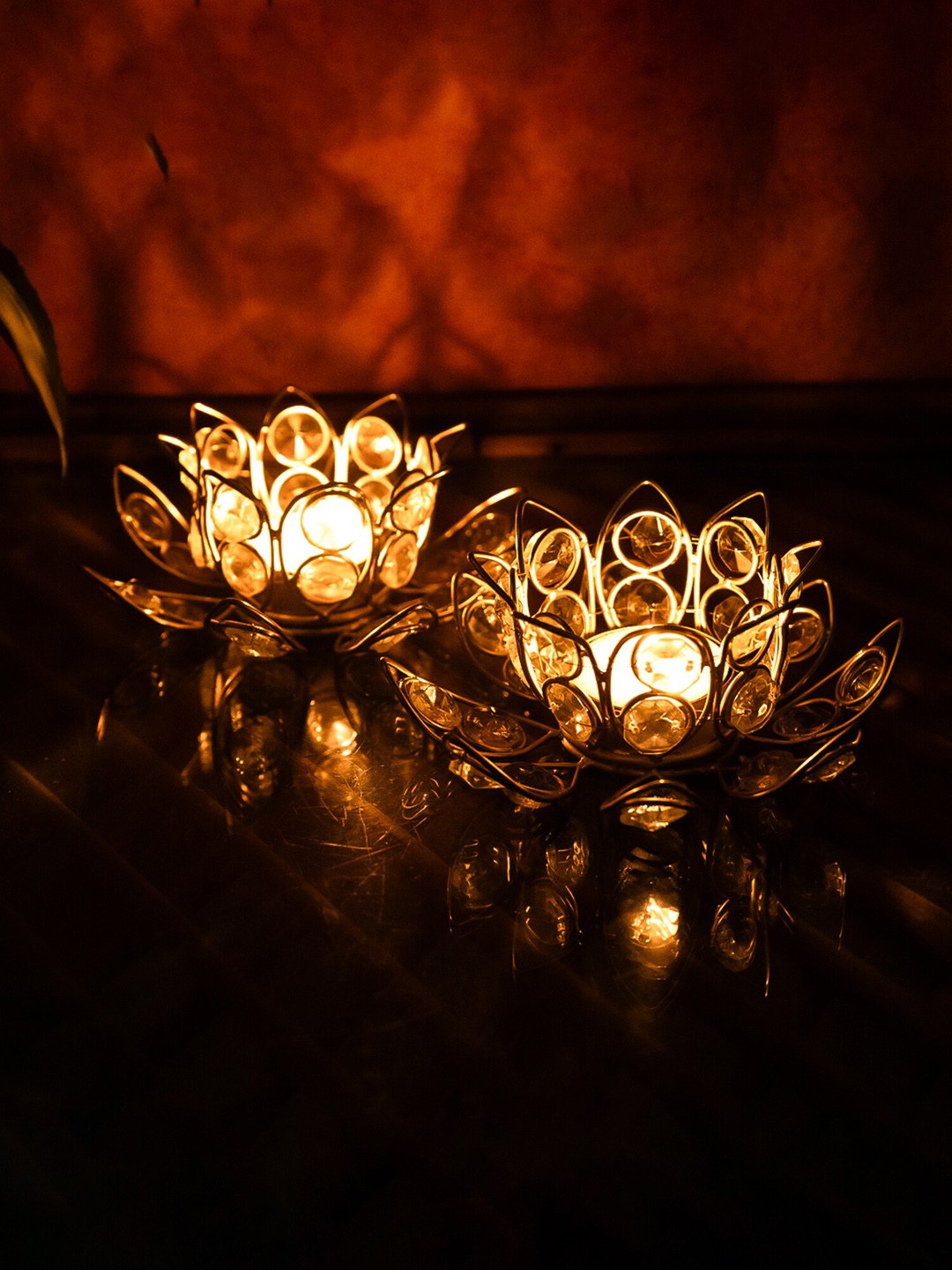 

Ekhasa Gold Toned 2 Pieces Metal Lotus Shape Crystal Tealight Candle Holders