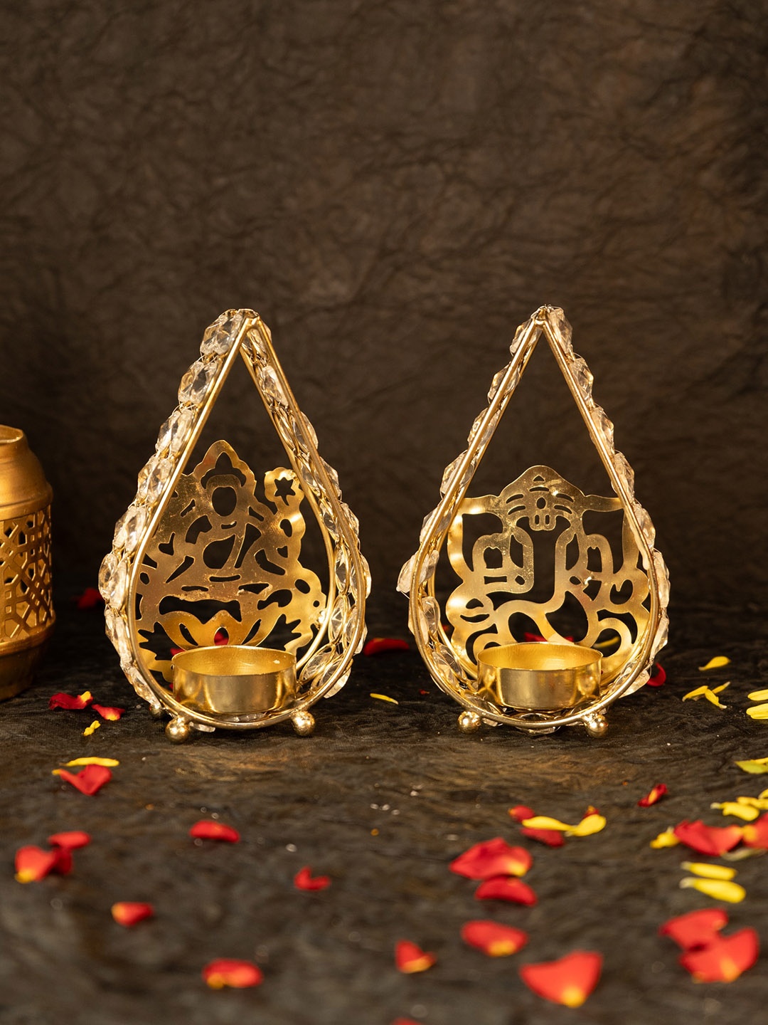 

Ekhasa Gold Toned 2 Pieces Metal Lotus Shape Crystal Tealight Candle Holders