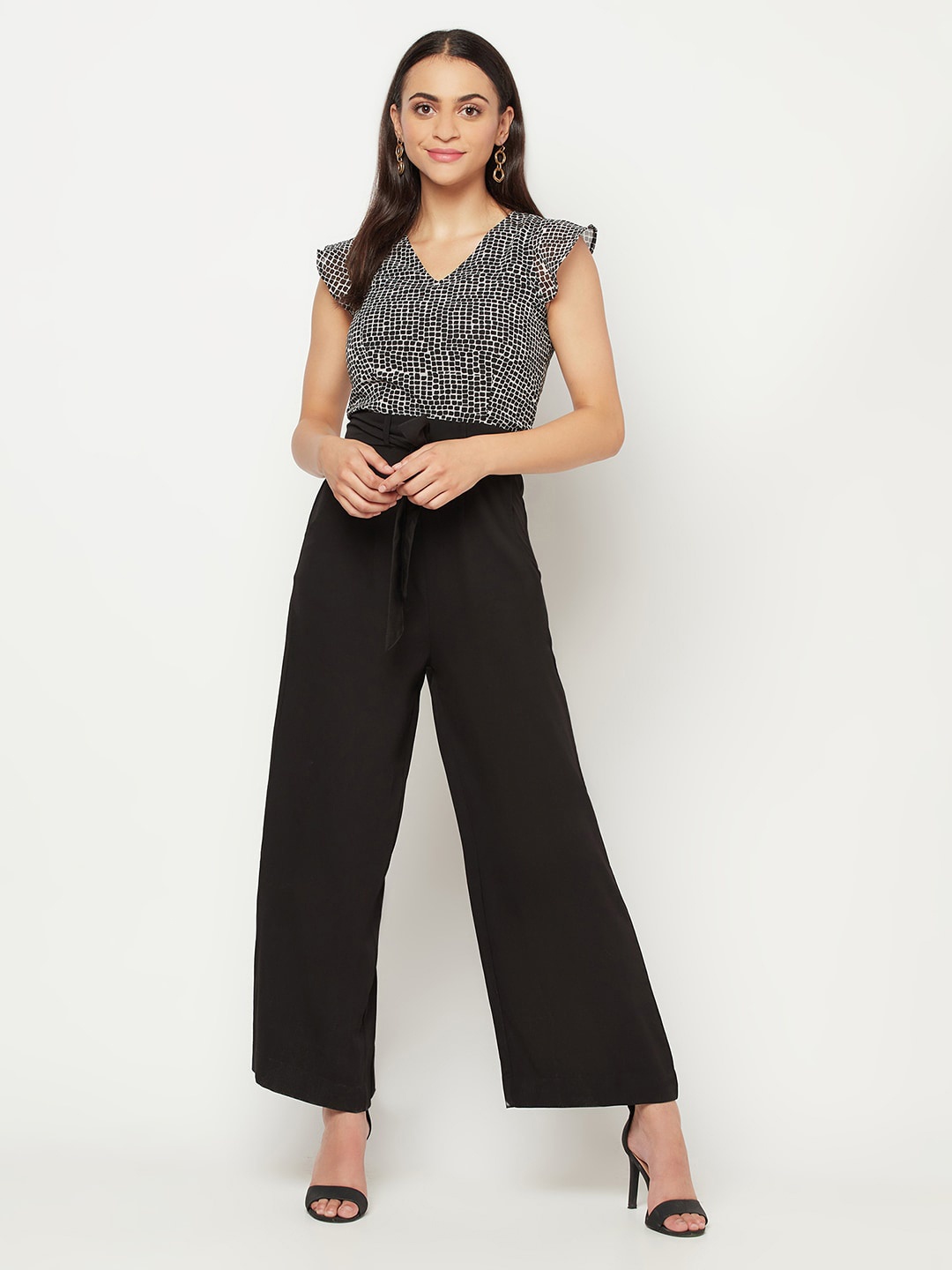 

SQew Micro Ditsy Printed V-Neck Culotte Jumpsuit, Black