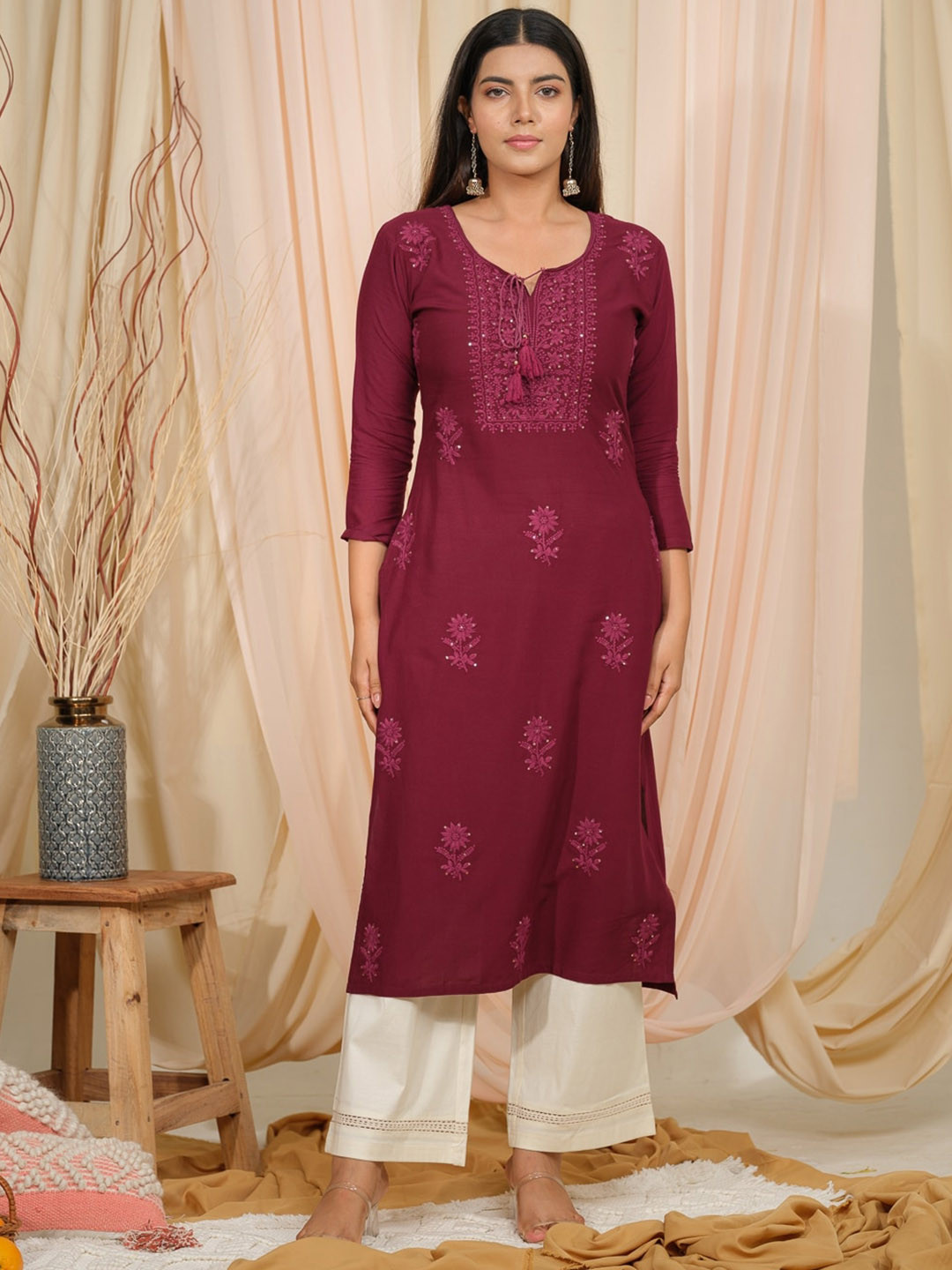 

House of Pataudi Burgundy Floral Embroidered Tie-Up Neck Straight Kurtas