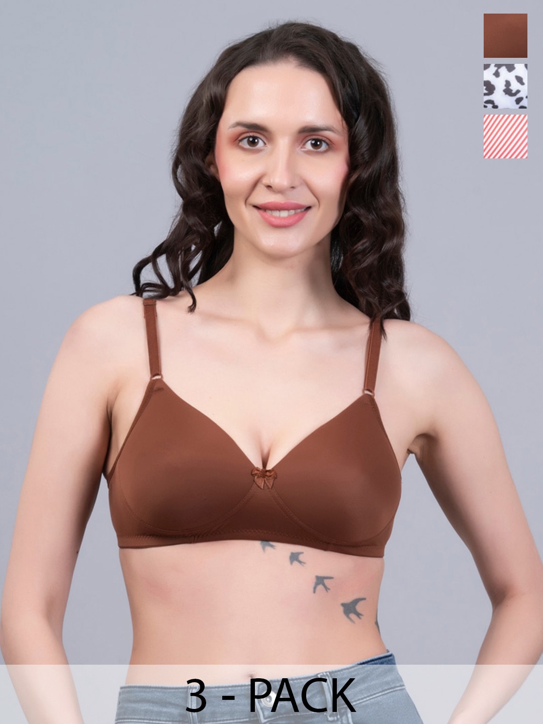 

NIGHTHOPE Pack Of 3 Full Coverage Lightly Padded Nylon Everyday Bra- All Day Comfort, Red