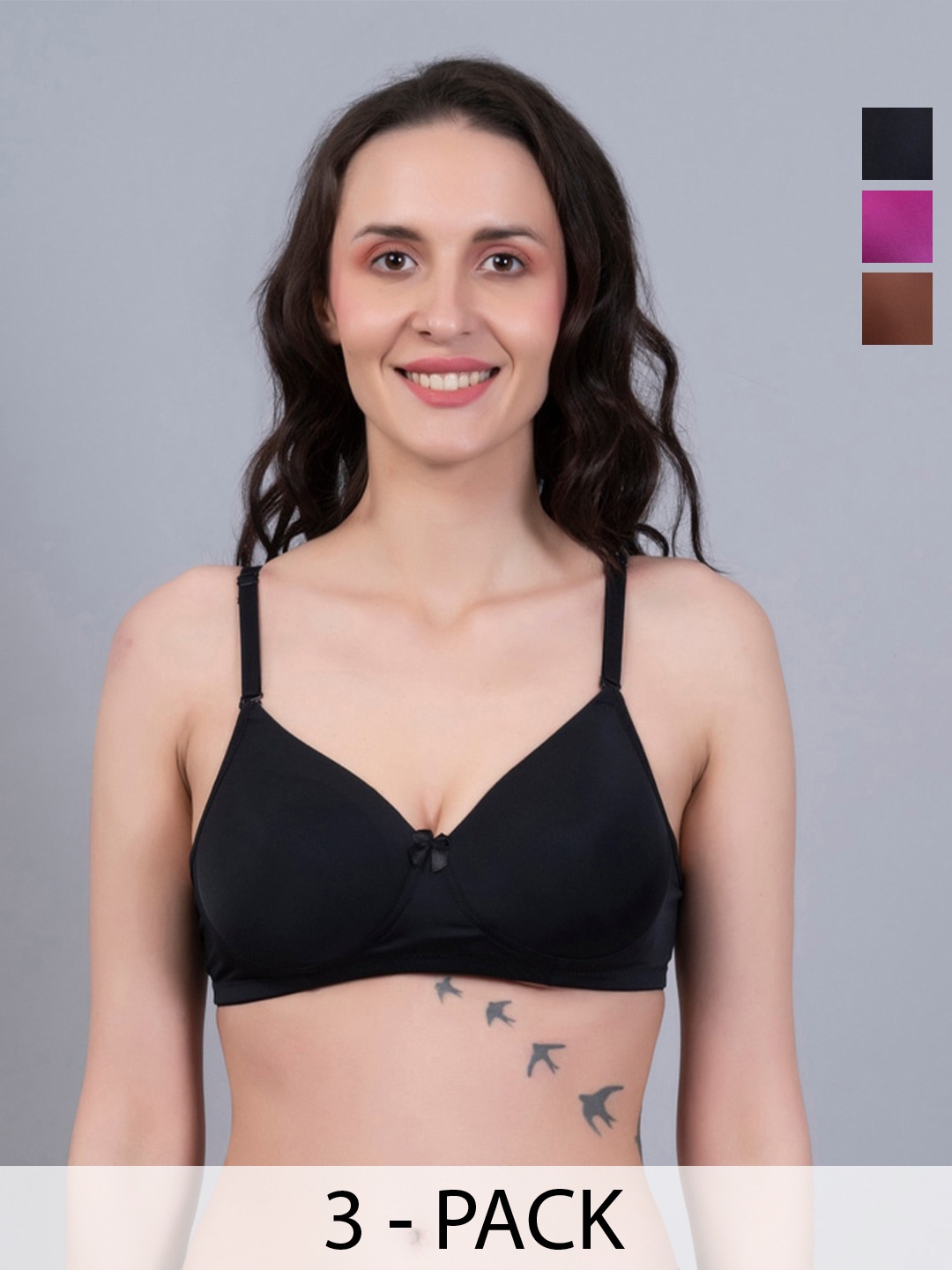 

NIGHTHOPE Pack Of 3 Full Coverage Lightly Padded Nylon Everyday Bra- All Day Comfort, Black