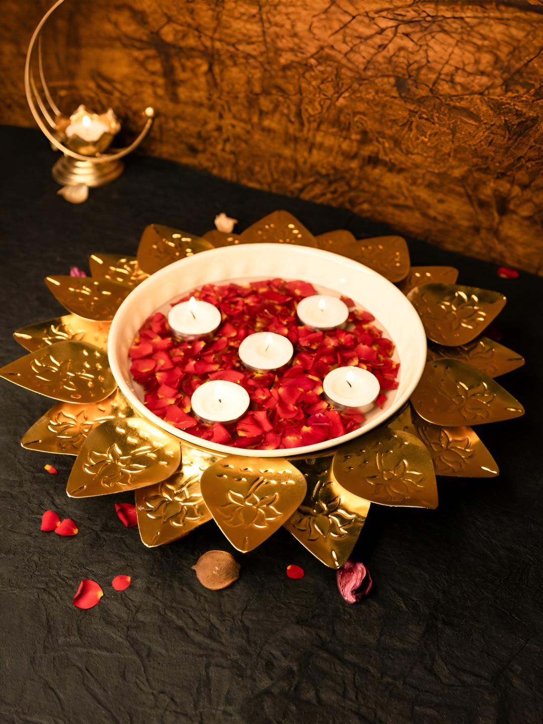 

Ekhasa Gold Toned Metal Decoration Urli Bowl & Tealight Candles