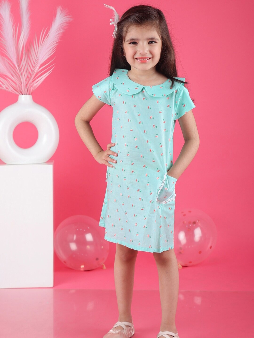 

BAESD Girls Floral Printed Peter Pan Collar Lace Inserts Cotton A-Line Dress - Green