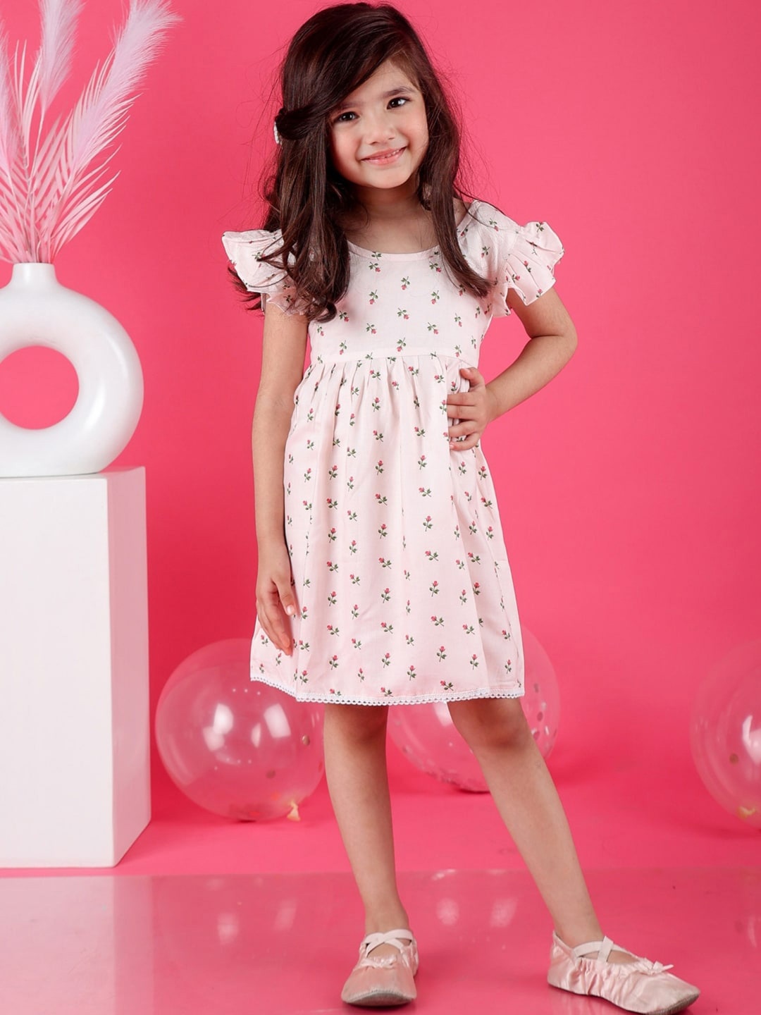 

BAESD Girls Floral Printed Flutter Sleeve Cotton Dress, Peach