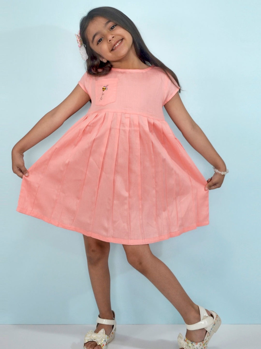 

BAESD Girls Boat Neck Pleated Cotton Fit & Flare Dress, Pink