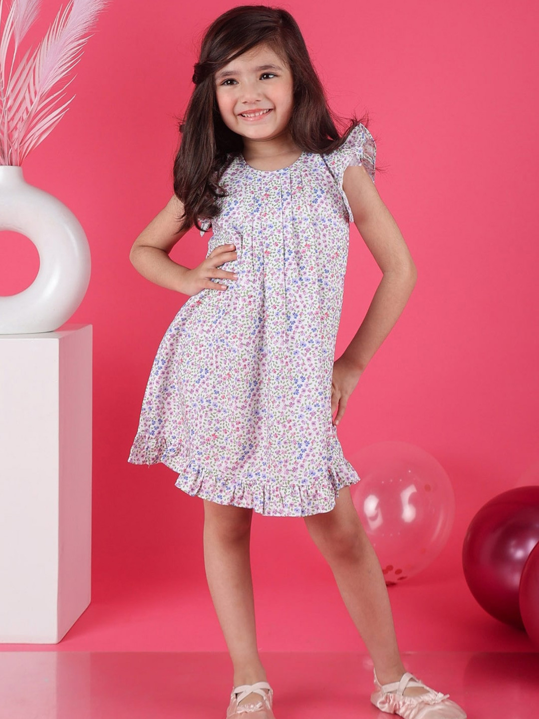 

BAESD Girls Floral Printed Round Neck Cotton A-Line Dress, White