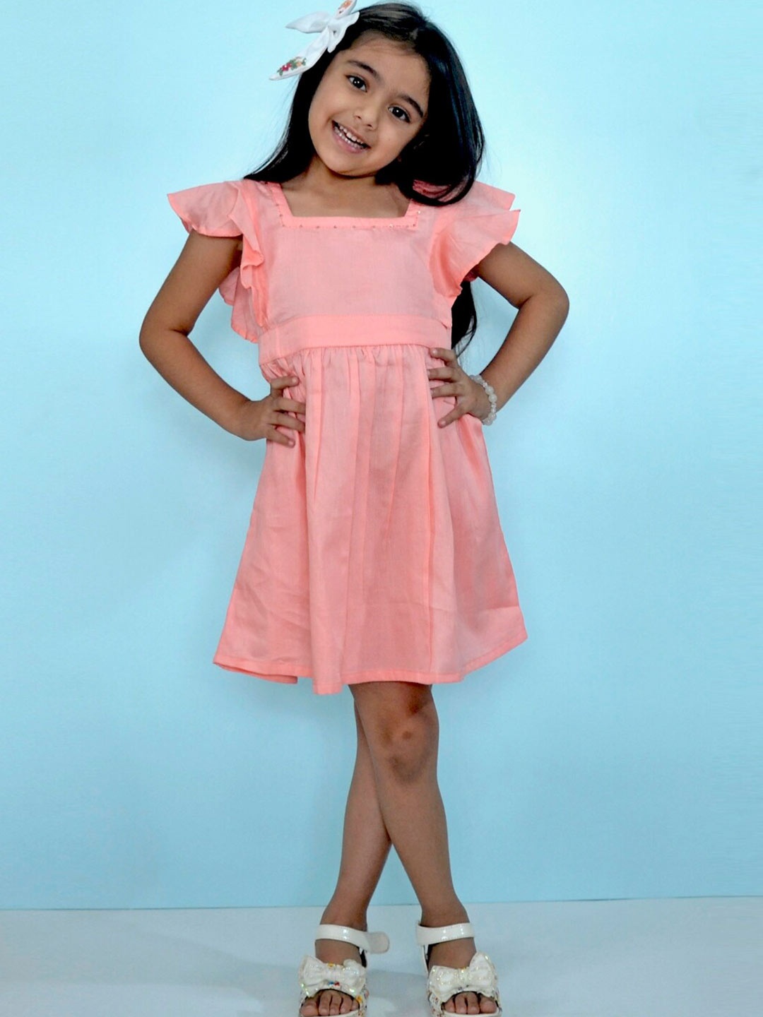 

BAESD Girls Square Neck Flutter Sleeve Fit & Flare Dress, Pink