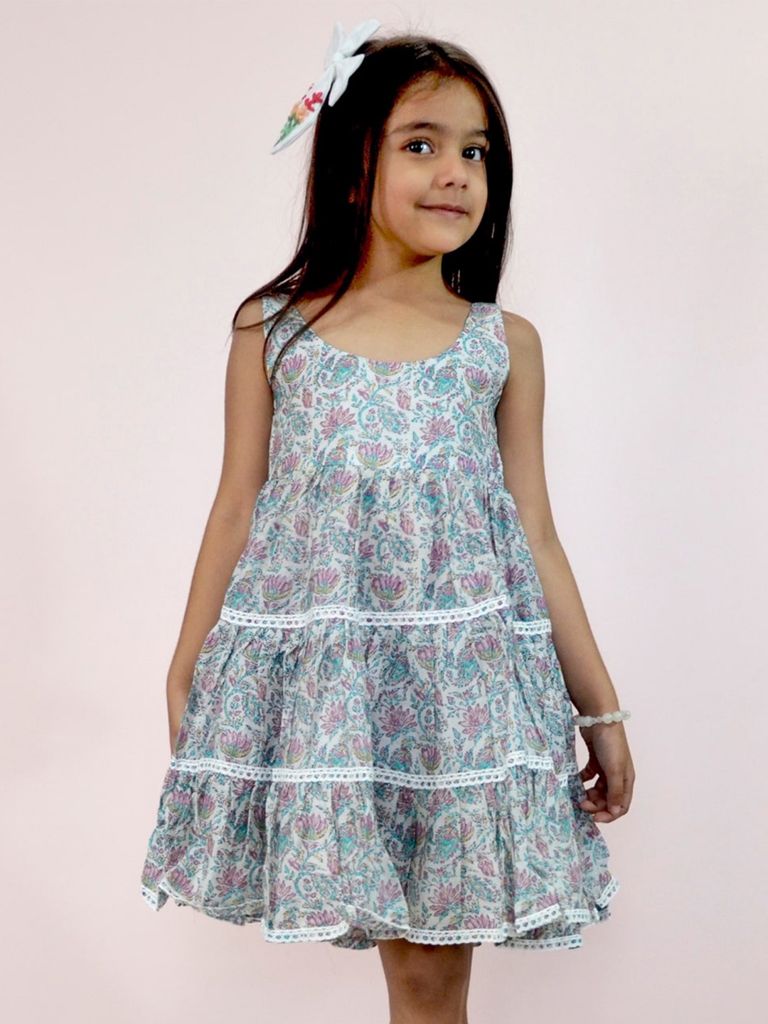 

BAESD Girls Floral Printed Round Neck Cotton Tiered Dress - Blue