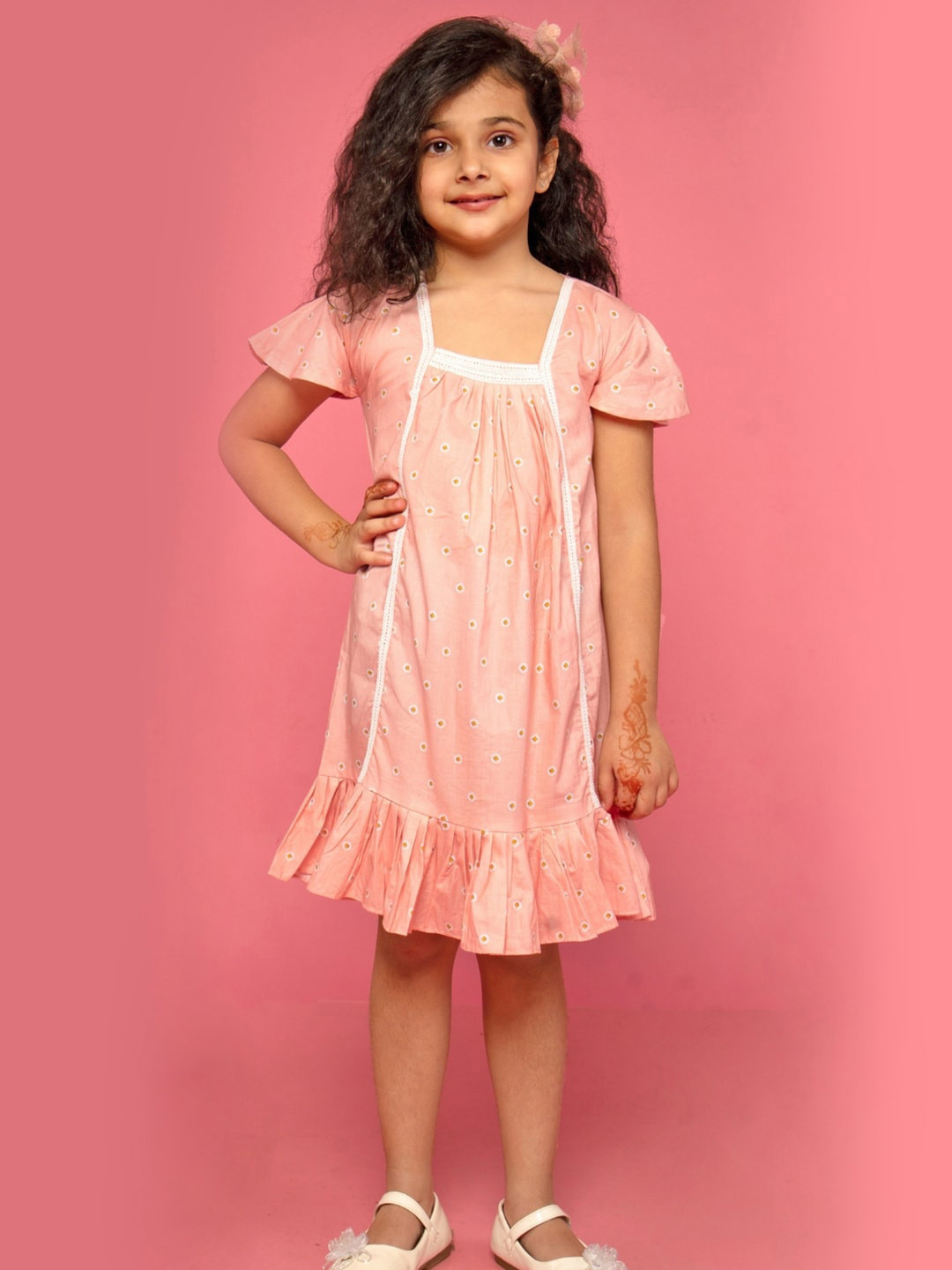 

BAESD Floral Printed Square Neck Flutter Sleeve A-Line Dress, Peach